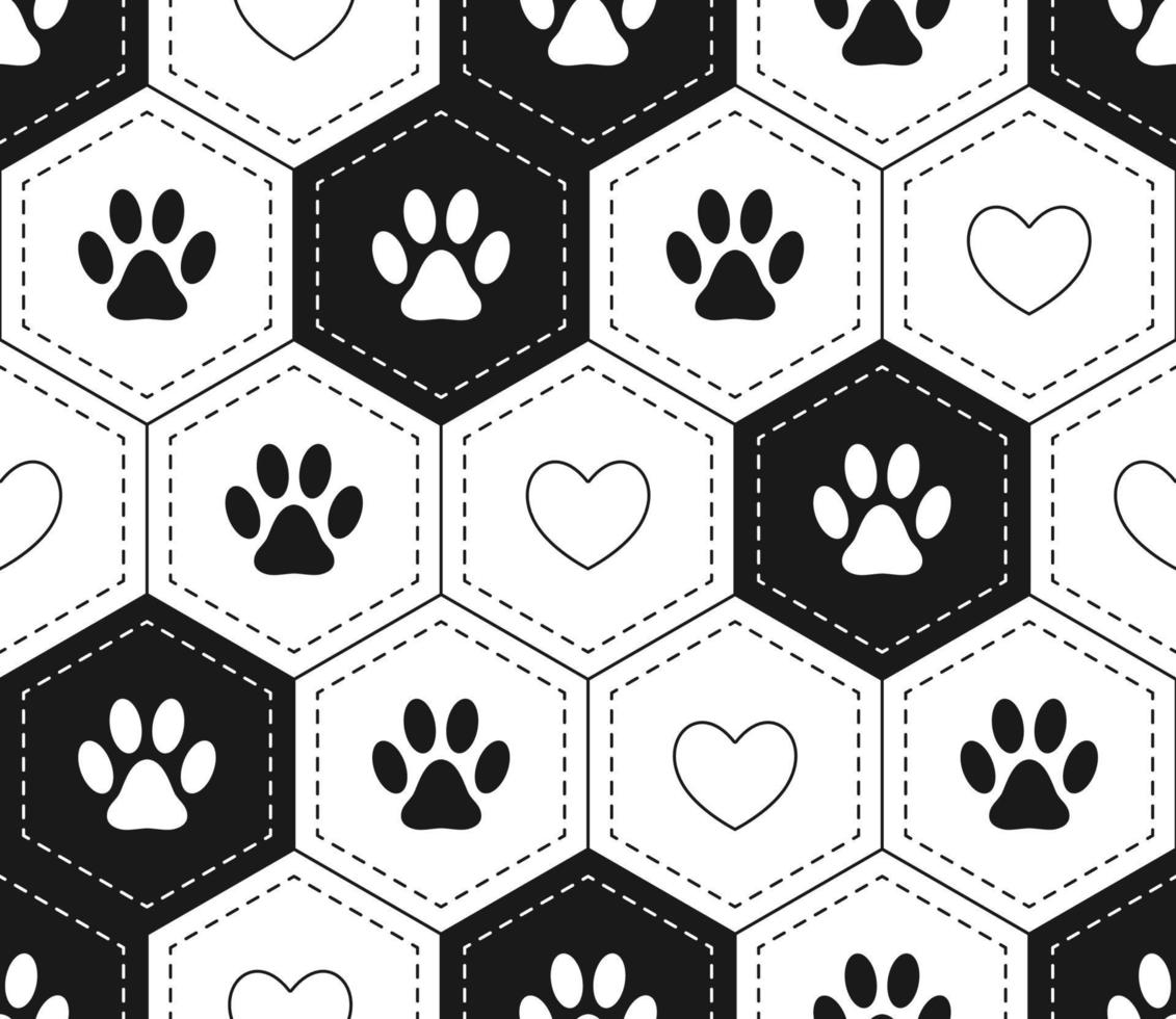 sem costura de fundo com corações e pegadas de animal de estimação em grade hexagonal. Preto e branco. vetor. vetor