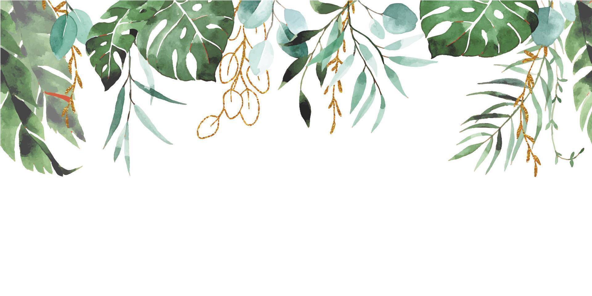 desenho em aquarela. fronteira sem costura, banner de folha tropical com elementos brilhantes dourados. folhas verdes e douradas de palmeira, monstera, banana. padrão, moldura vetor