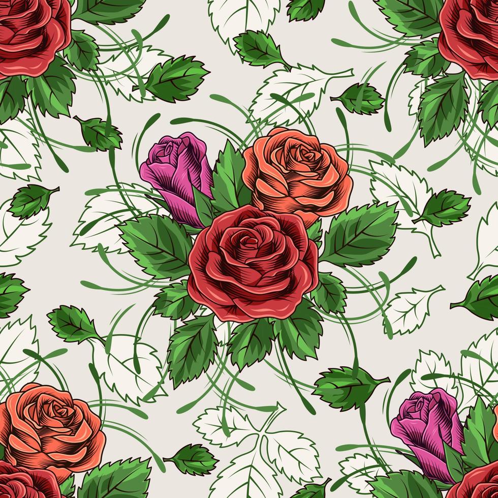 padrão clássico sem costura com exuberantes rosas vintage florescendo com folhas. contornos de folhas verdes sobre fundo branco. ilustração vetorial. vetor