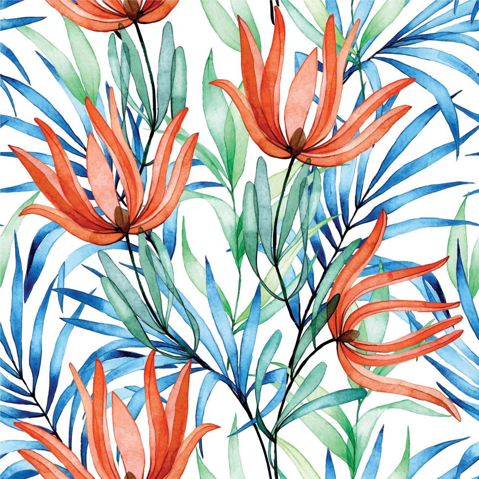 aquarela sem costura padrão com flores tropicais e folhas. flores de protea transparentes e folhas de palmeira. cores brilhantes vermelho, verde, azul, fundo branco vetor