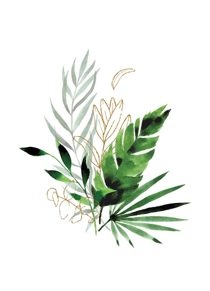 desenho em aquarela. buquê, composição de folhas verdes tropicais e folhas de ouro. folhas da floresta tropical monstera, palma, banana e elementos brilhantes dourados vetor