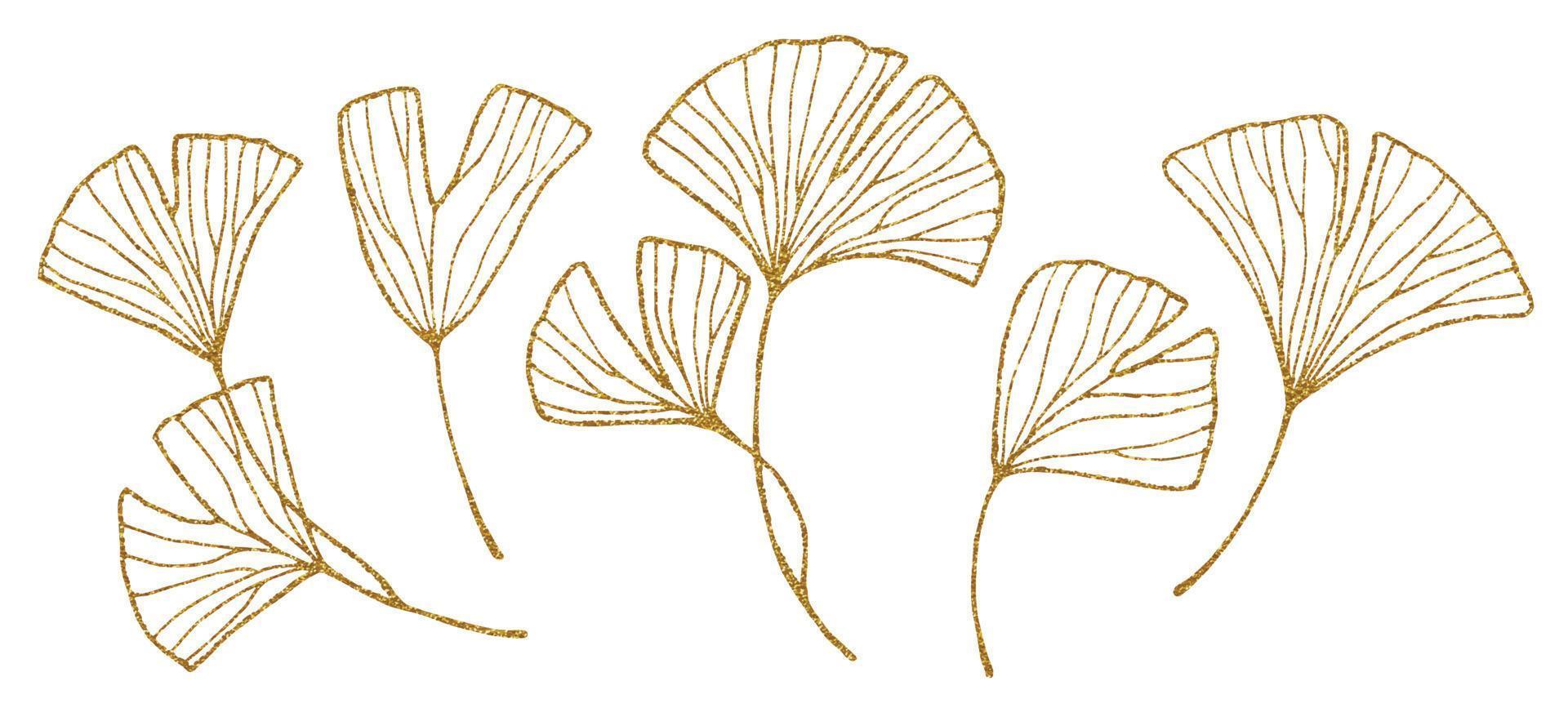 folhas de ginkgo douradas. conjunto de desenho gráfico de folhas tropicais com textura de ouro. esboço de esboço vetor