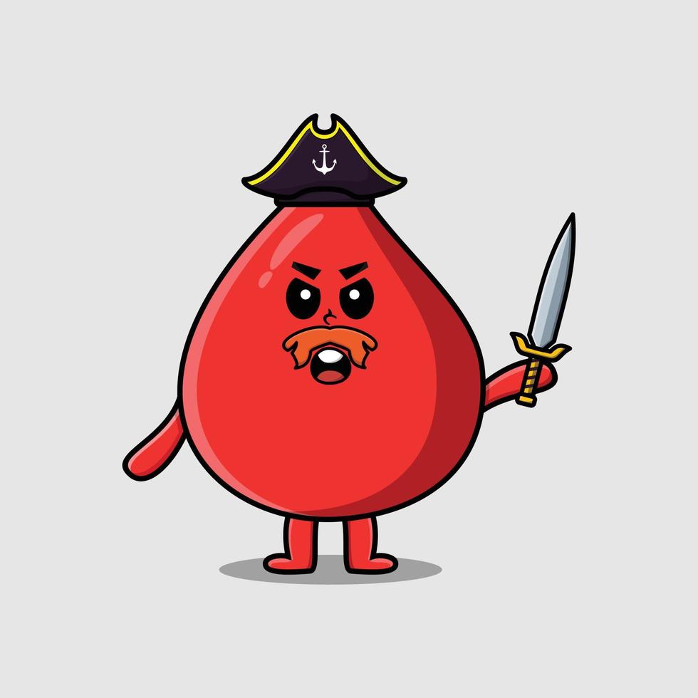 pirata de gota de sangue bonito dos desenhos animados segurando a espada vetor