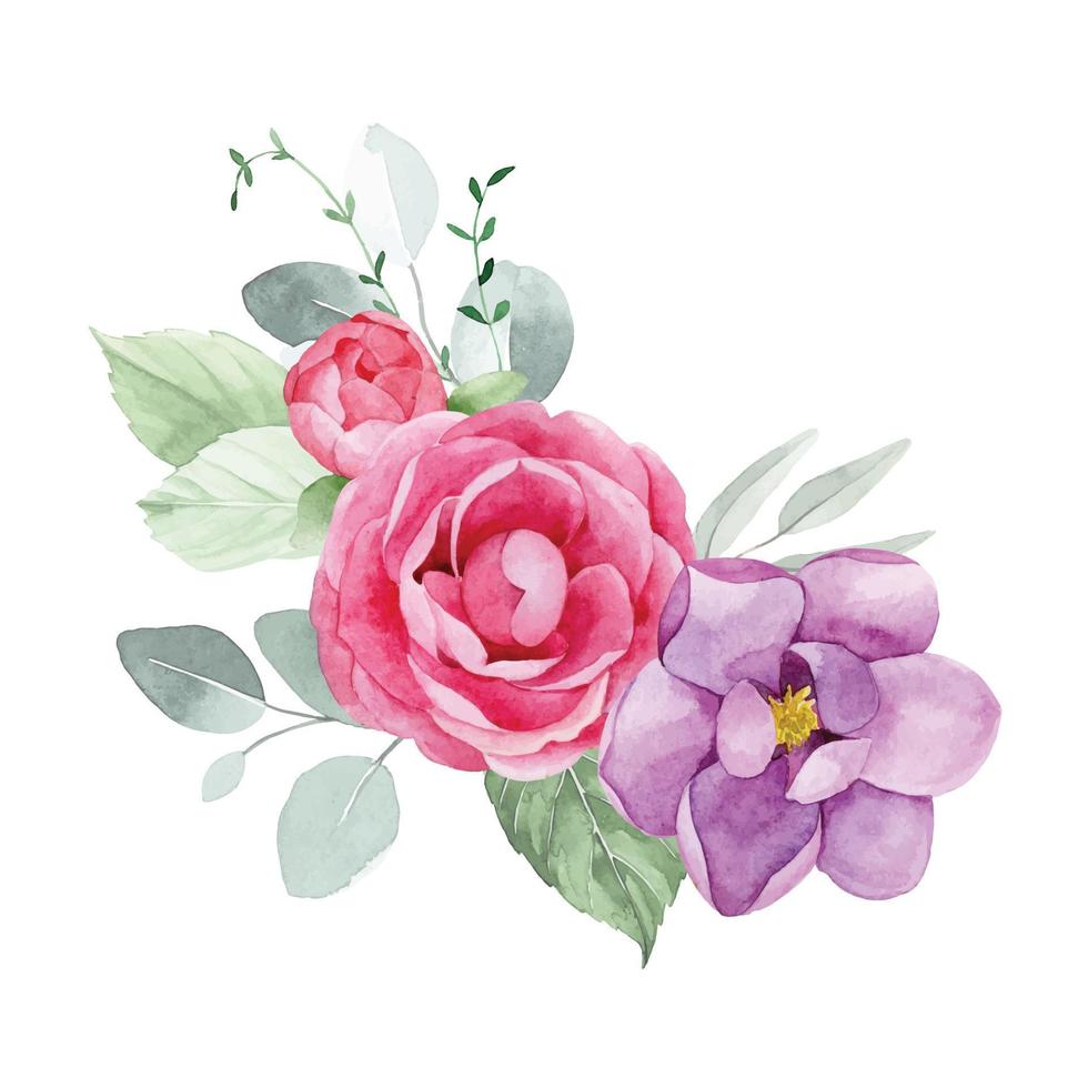 desenho em aquarela. buquê, composição com flores no jardim. rosas cor de rosa, peônias e magnólias roxas e folhas verdes de eucalipto. isolado em clipart de fundo branco vetor