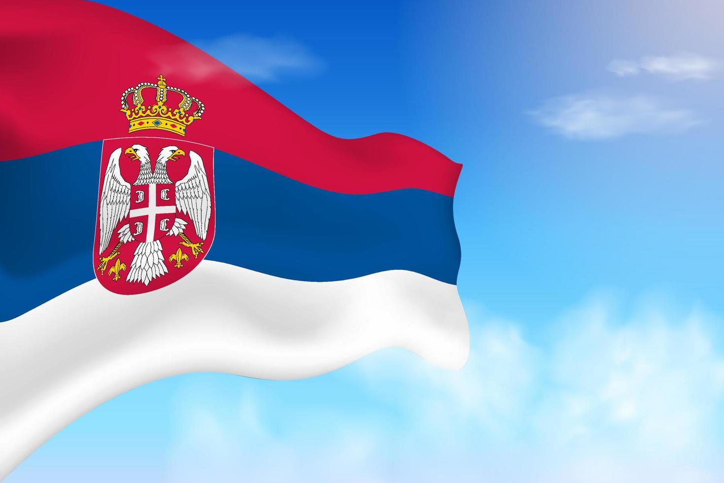 bandeira da sérvia nas nuvens. bandeira vetorial acenando no céu. ilustração de bandeira realista do dia nacional. vetor de céu azul.