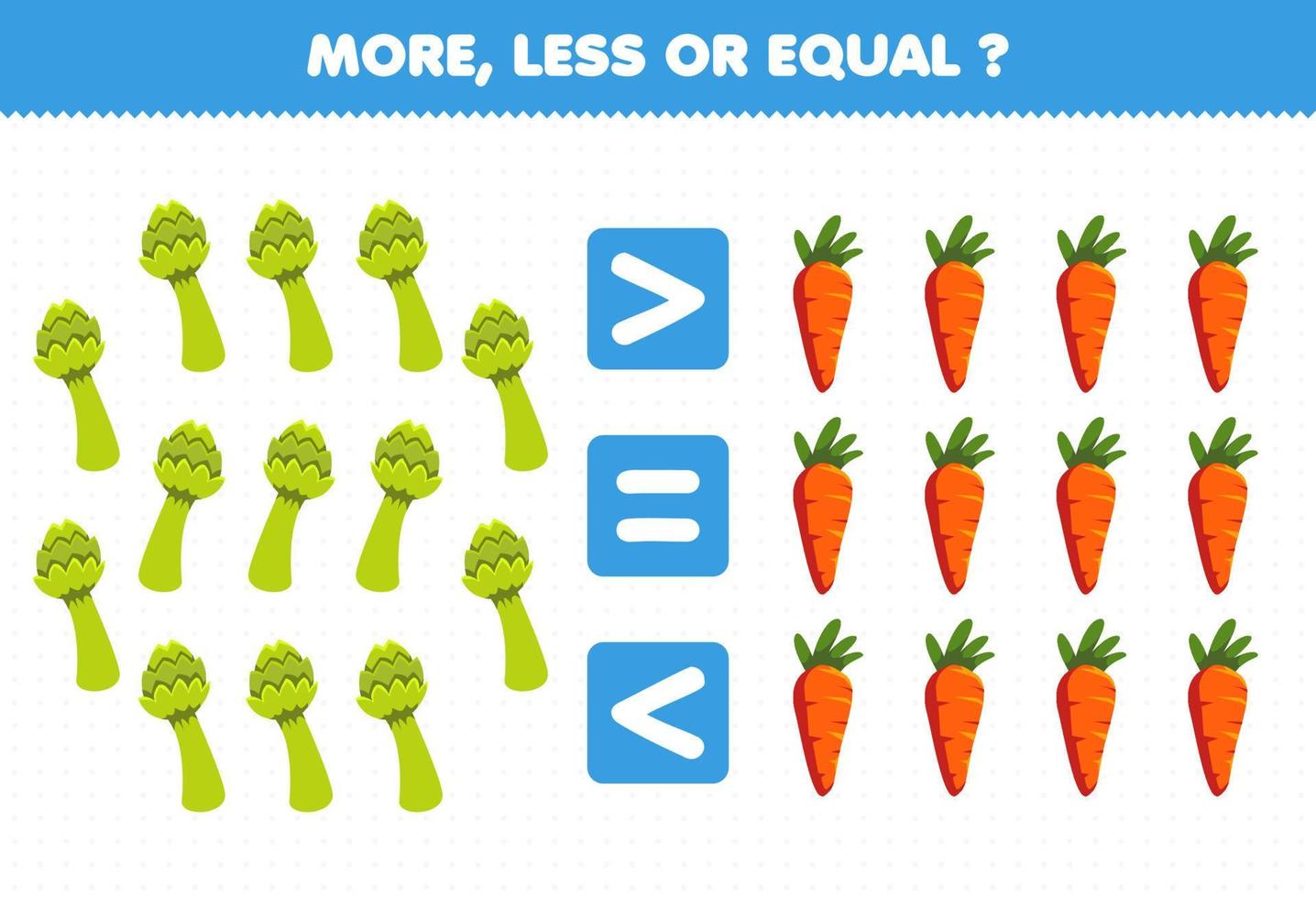 jogo de educação para crianças mais menos ou igual conte a quantidade de legumes dos desenhos animados aspargos cenoura vetor