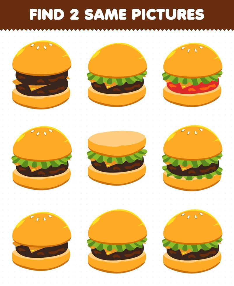 jogo de educação para crianças encontrar duas mesmas fotos comida lanche hambúrguer vetor