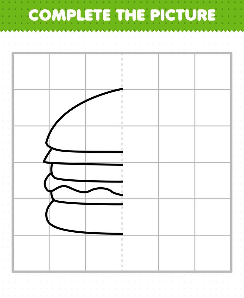 jogo de educação para crianças completa o esboço de metade de hambúrguer de comida de desenho animado para desenho vetor