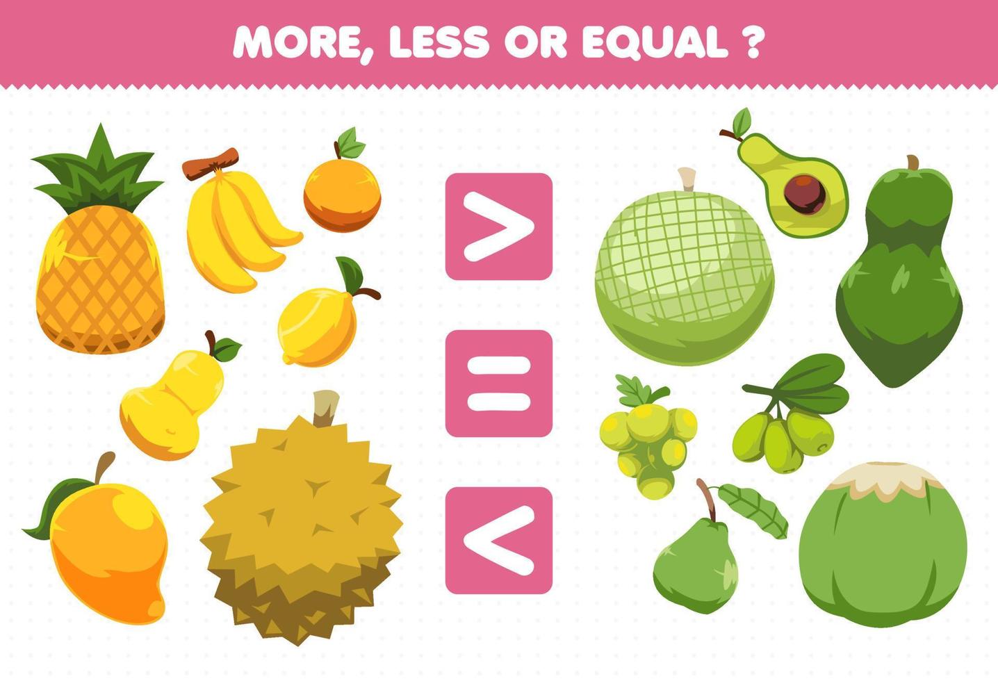 jogo educativo para crianças mais menos ou igual conte a quantidade de desenhos animados frutas abacaxi banana laranja pêra limão manga durian melão abacate mamão uva azeitona goiaba coco vetor