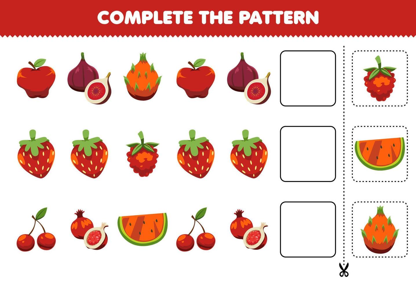 jogo de educação para crianças completa o padrão de pensamento lógico, encontre a regularidade e continue a tarefa de linha com frutas vermelhas de desenho animado vetor