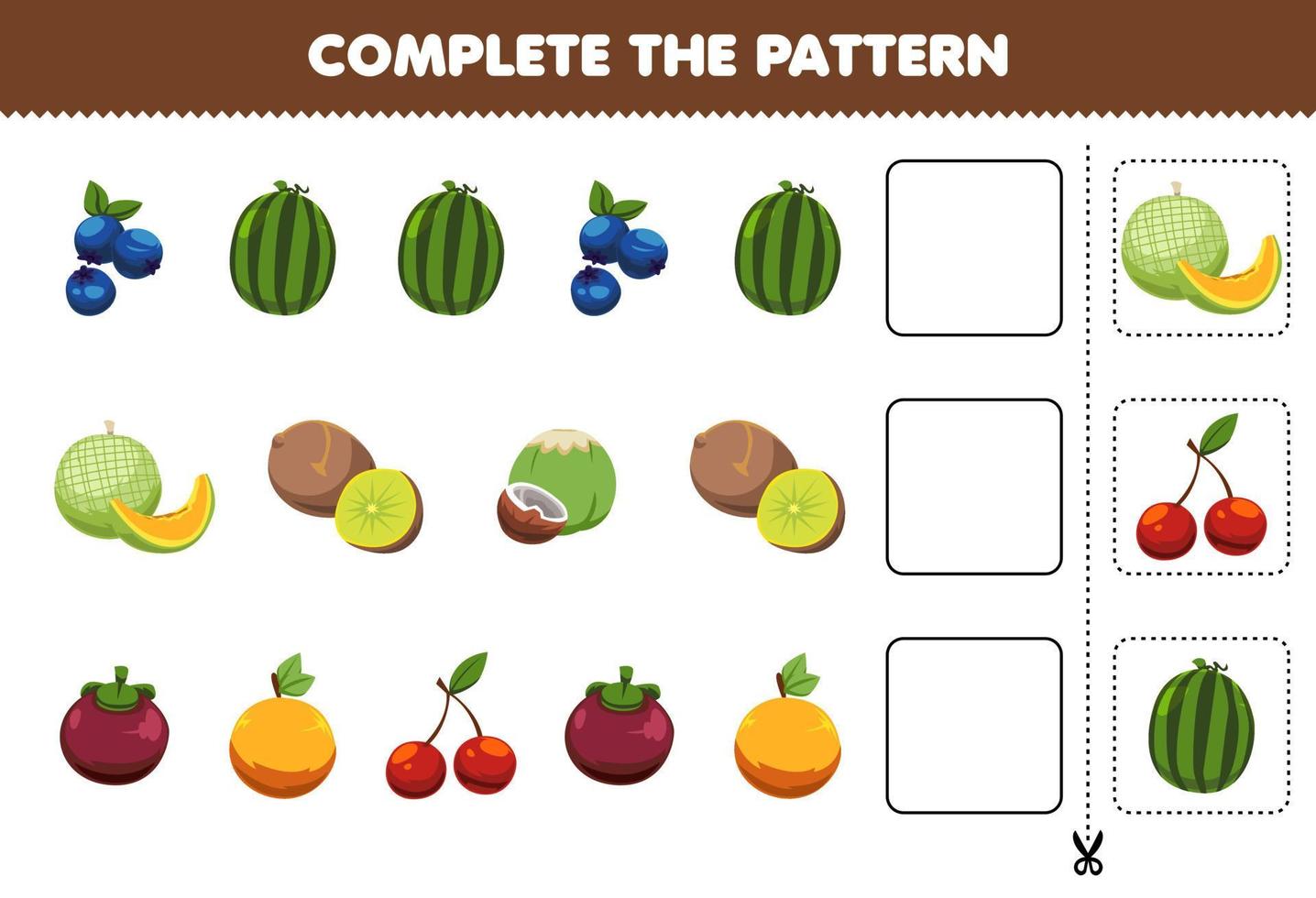 jogo de educação para crianças completa o padrão de pensamento lógico, encontre a regularidade e continue a tarefa de linha com frutas redondas de desenho animado vetor