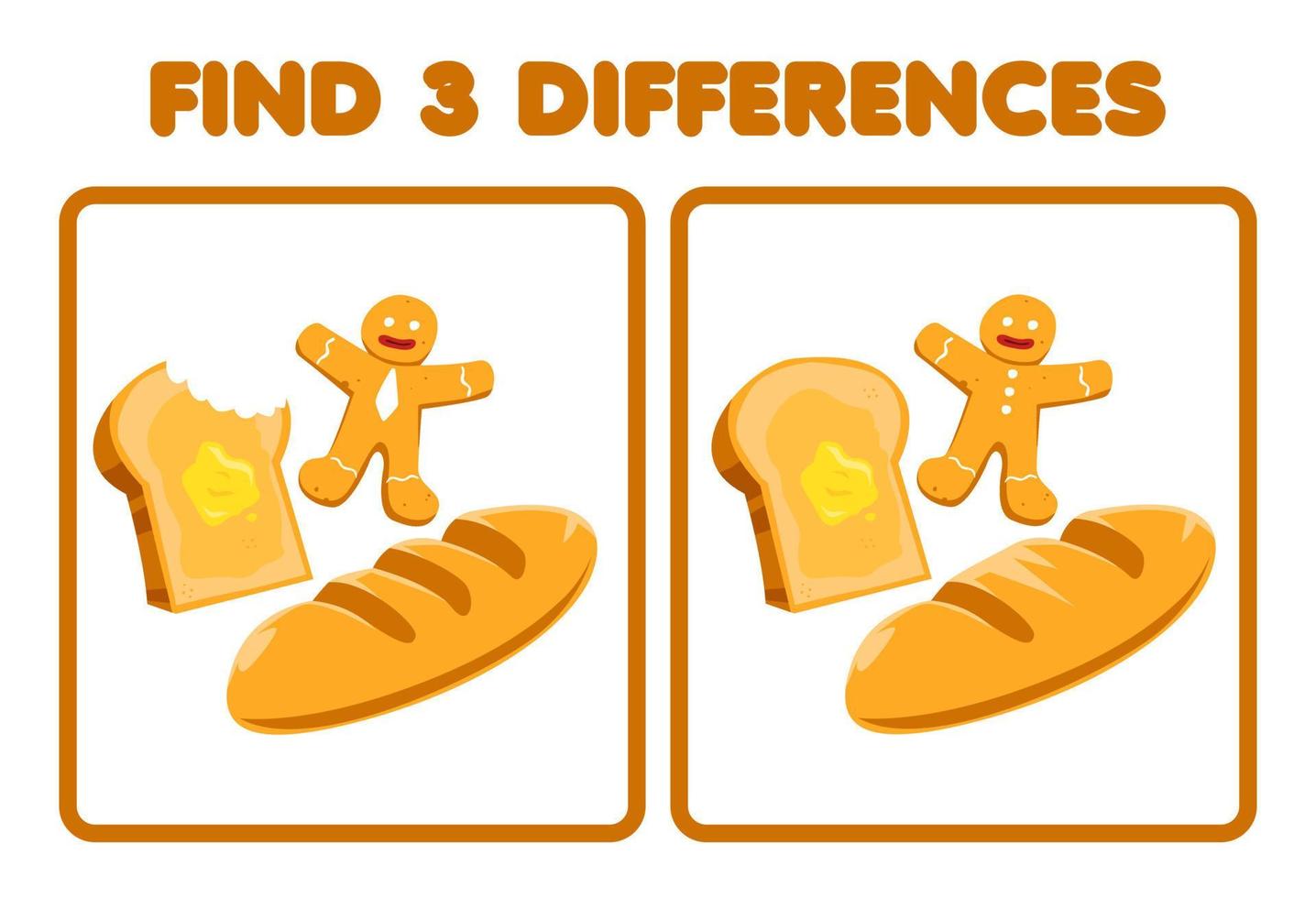 jogo de educação para crianças encontra três diferenças entre duas imagens de desenhos animados de pão de pão de torrada de comida pão de gengibre vetor