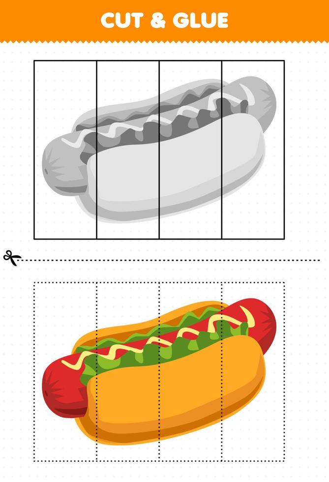 jogo de educação para crianças cortado e colado com cachorro-quente de comida de desenho animado vetor