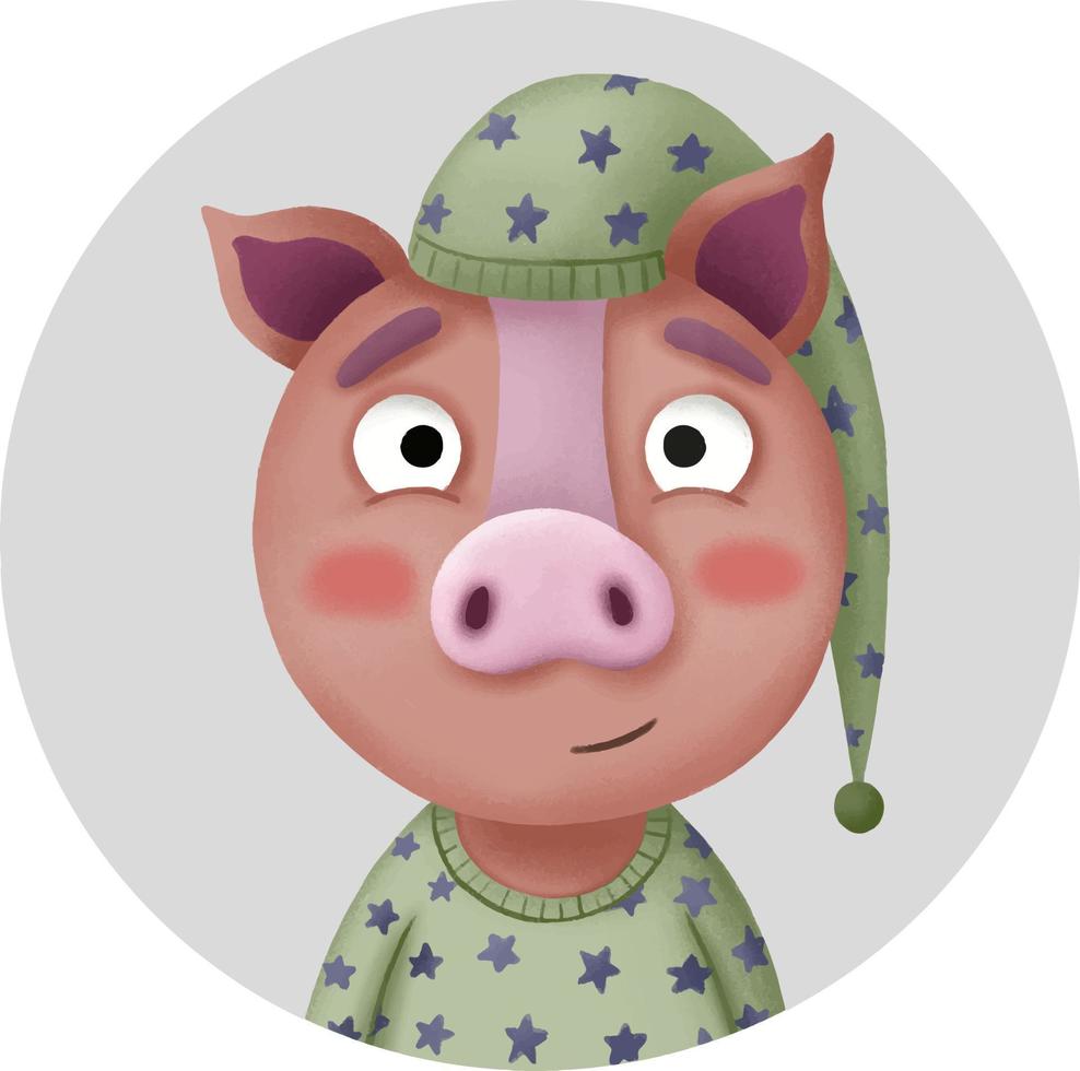 ícone redondo bonito com porquinho dos desenhos animados de pijama vetor