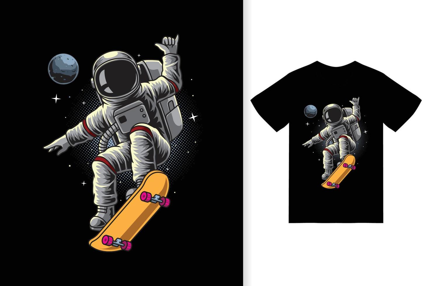 astronauta jogando skate na ilustração do espaço com vetor premium de design de camiseta