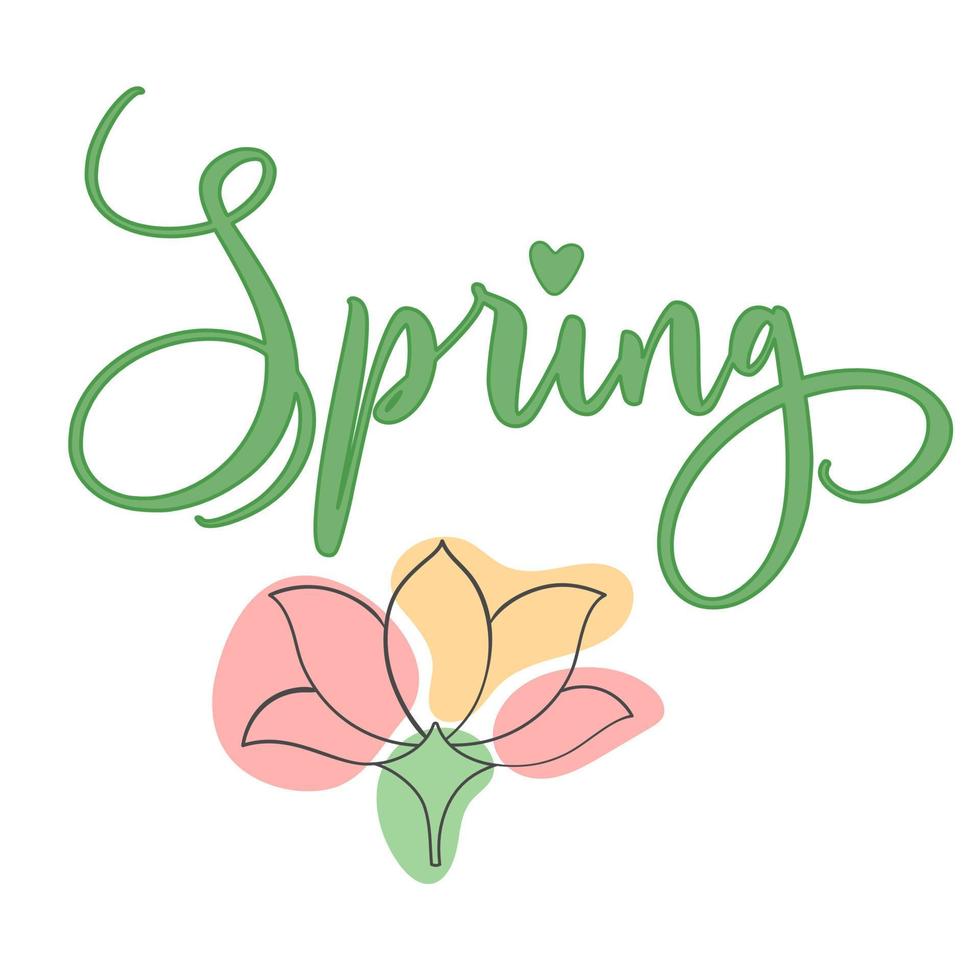 letterng de primavera com linha de flores abstratas e cores vetor