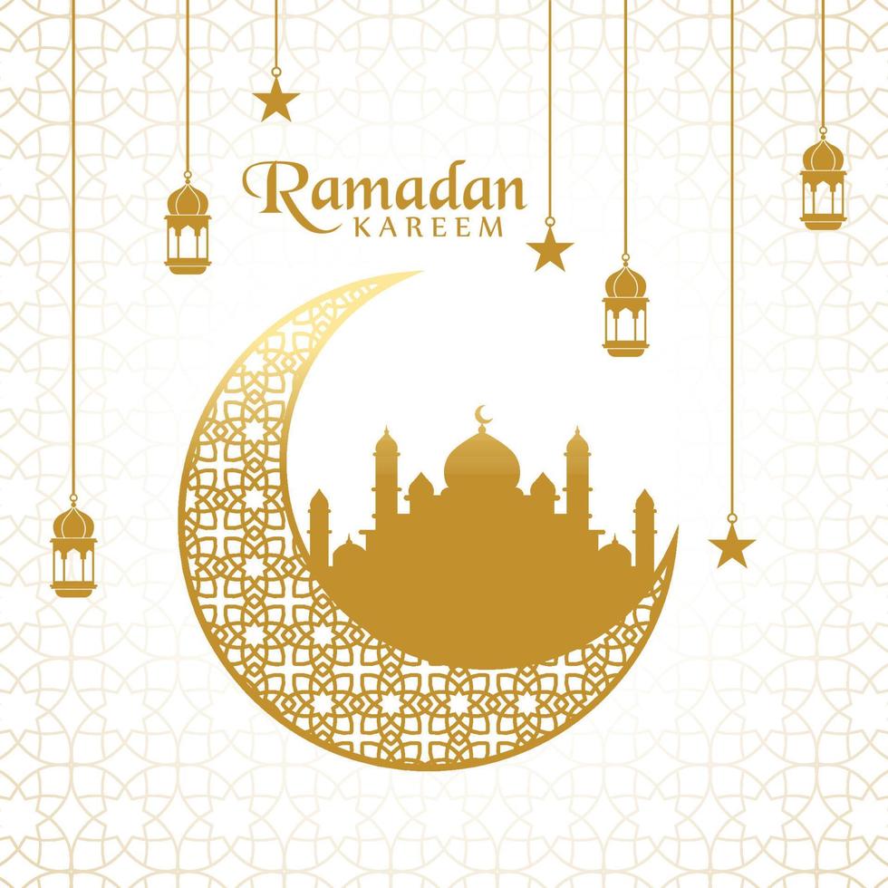 elegante ramadan kareem decorativo lua e mesquita saudação vetor premium