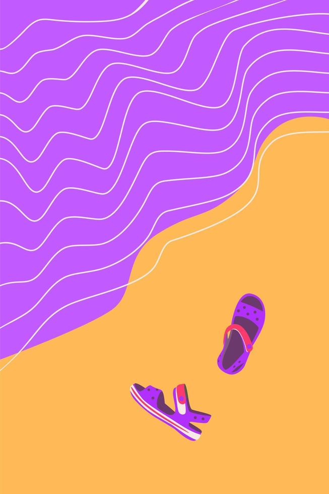 chinelos em uma praia de areia oceânica. sandálias infantis perto do mar. ilustração vetorial de férias de verão. fundo abstrato de costa e ondas vetor