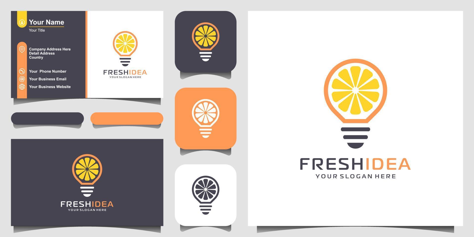 lâmpada e fatia de limão design de logotipo de ideia fresca e cartão de visita vetor