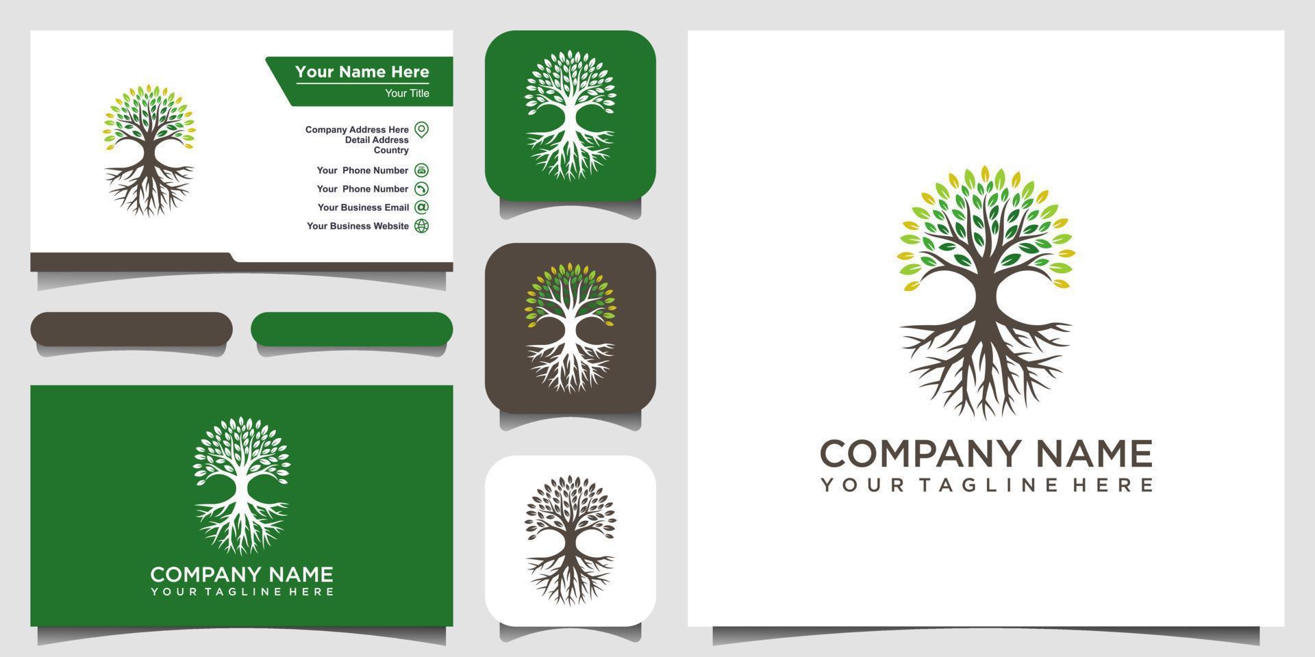elementos de design de logotipo de árvore e raízes. modelo de logotipo de vetor de jardim verde e design de cartão de visita