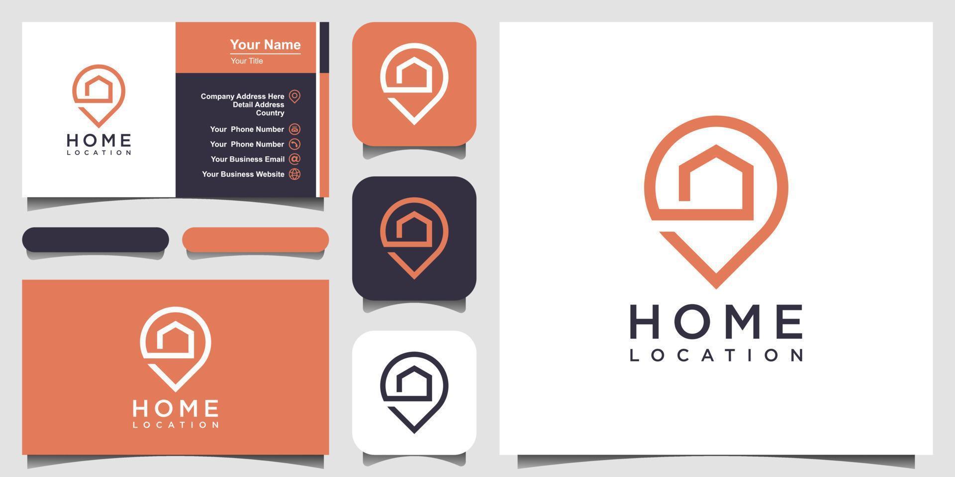 localização de casa com logotipo de marcador de casa e mapa e design de cartão de visita. vetor