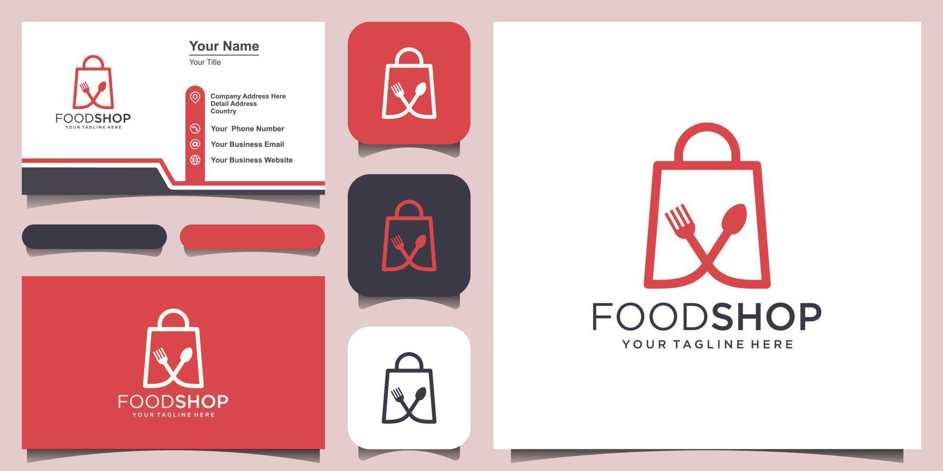 modelo de design de logotipo de loja de comida, bolsa combinada com colher e talheres. vetor