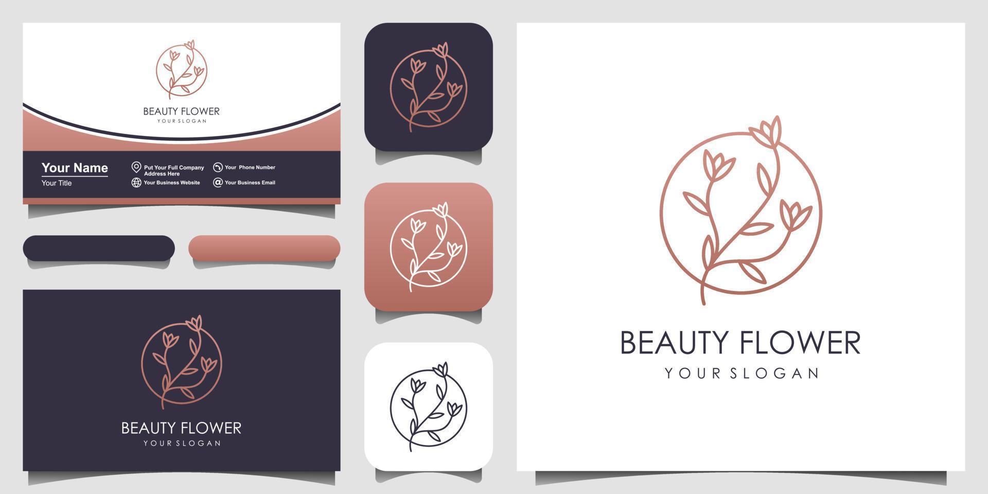 rosa floral com logotipo de estilo de arte de linha e design de cartão de visita. logotipo para beleza, cosméticos, ioga e spa vetor