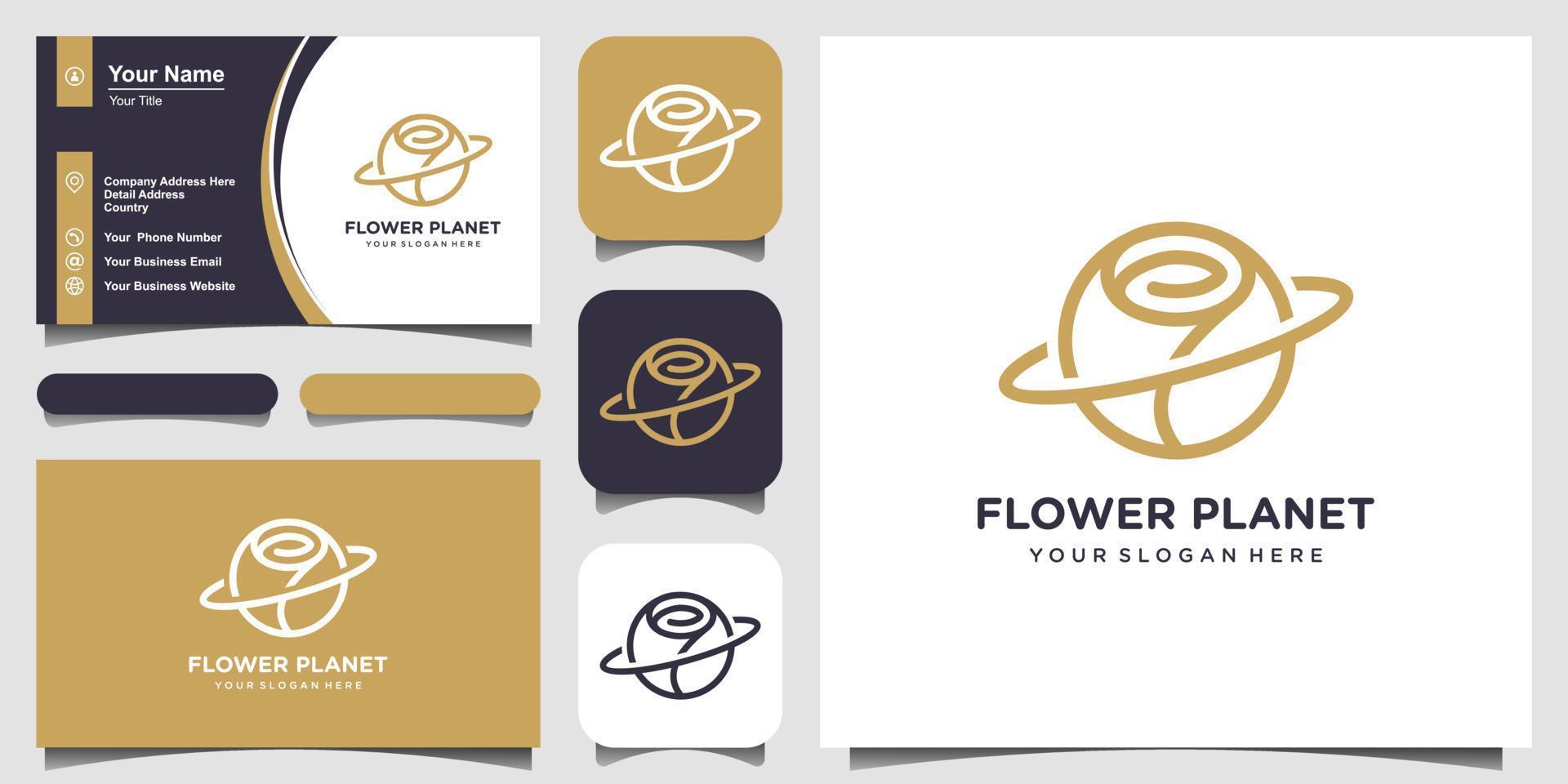 planeta abstrato combina logotipo de flor rosa e design de cartão de visita vetor