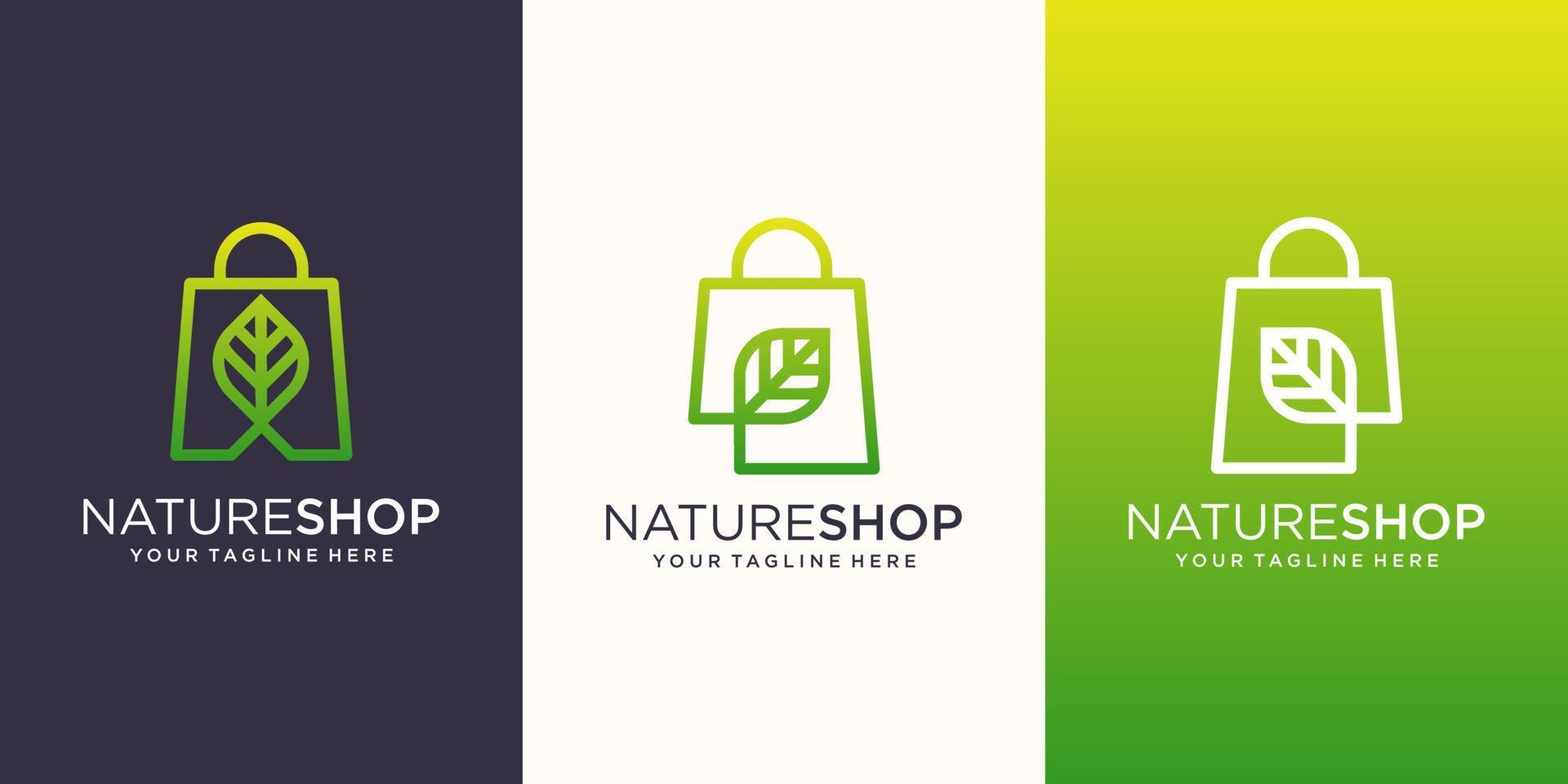 modelo de design de logotipo de loja de natureza, bolsa combinada com estilo de arte de linha de folha. vetor