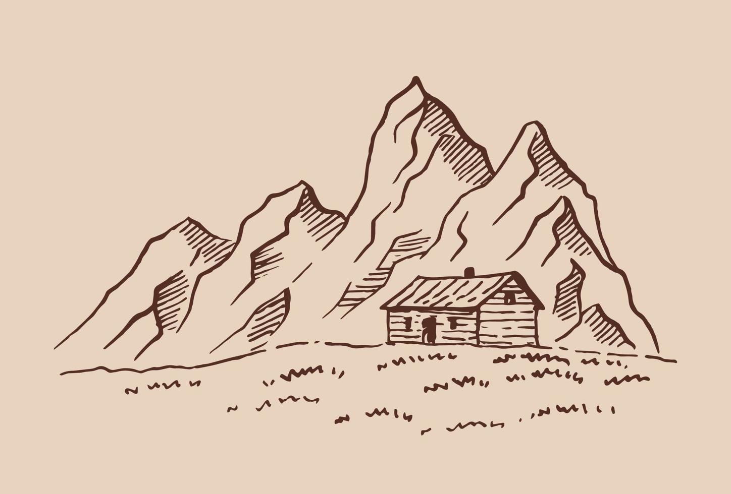 montanha com pinheiros e paisagem de casa de campo preta sobre fundo branco. mão desenhada picos rochosos no estilo de desenho. ilustração vetorial. vetor