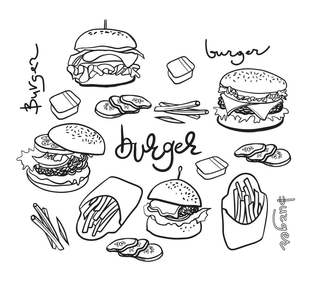 ícones de doodle desenhados à mão de hambúrgueres. tipos de fast-food. vetor