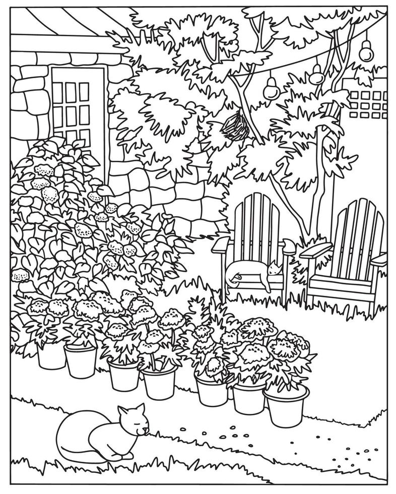 livro de colorir. ilustração para colorir com flores no jardim. linha de arte. Arte terapia. fundo de vetor preto e branco.