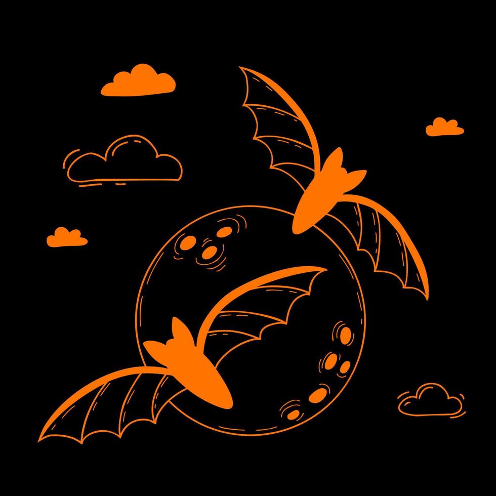 morcegos, lua cheia e nuvens. místicos animais noturnos assustadores feriado de halloween. ilustração vetorial. desenho de mão linear decorativo para design de férias, decoração, decoração. vetor