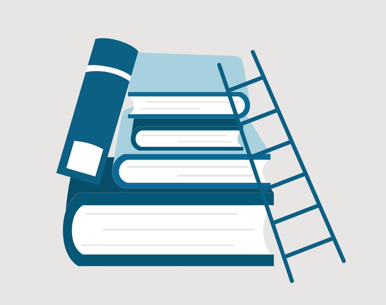 pesquisa, conceito de negócio. ilustração sobre educação com uma escada apoiada em uma pilha de livros grandes. graduação e caminho para o conceito de sucesso. estoque de vetores