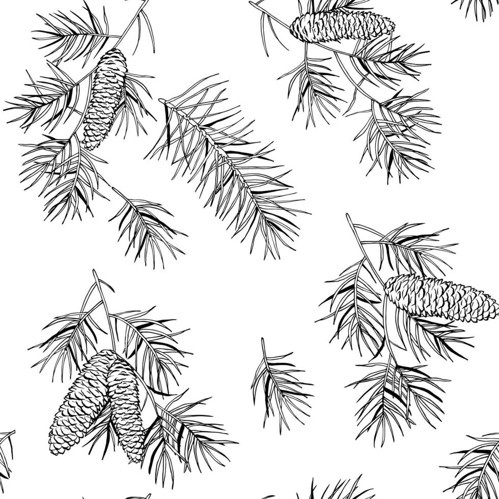 fundo sem costura vintage floresta monocromática com ramos e cones de abeto, ilustração vetorial. vetor