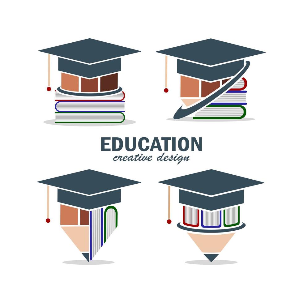conjunto de modelos educacionais de ícone ou logotipo para símbolos de chapéu de formatura, livros e lápis vetor