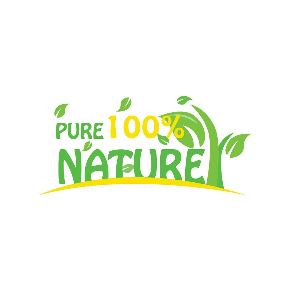 ícones de selo de natureza pura vector a ilustração com folha de planta orgânica verde. etiqueta de etiqueta de folha verde amigável eco. ilustração vetorial 2D.