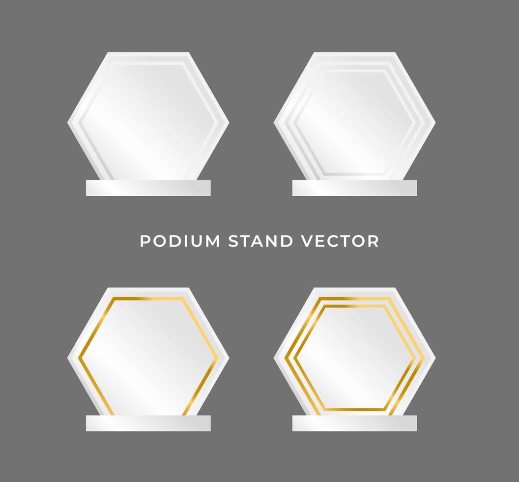 O vetor 3d de pódio simples com fundo ou moldura de cor branca e dourada é um passo diferente no fundo cinza. o pódio pode ser colocado texto ou produto no pódio.