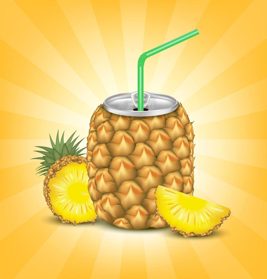 refrigerante de suco de abacaxi fresco com tampa de lata de alumínio e canudo. isolado em um fundo laranja. conceito de bebida de fruta saudável. ilustração em vetor 3d realista eps10.