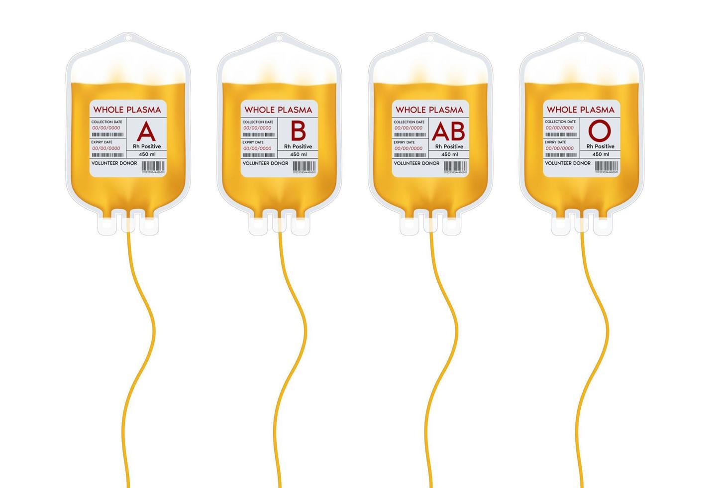 bolsa de sangue de plasma com rótulo de sistema de grupo de plasma diferente a, b, o e rh. idéias de doação de plasma para ajudar os médicos feridos. ilustração em vetor 3D eps10