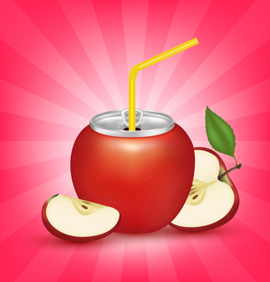 refrigerante de suco de maçã fresco com tampa de lata de alumínio e canudo. isolado em um fundo vermelho. conceito de bebida de fruta saudável. ilustração em vetor 3d realista eps10.