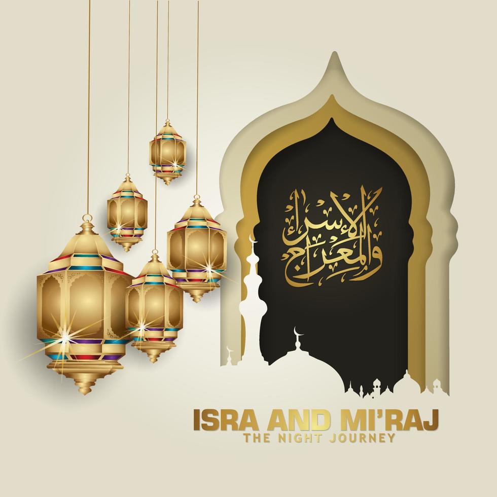 isra e mi'raj escritos em caligrafia árabe com decoração islâmica. pode ser usado para cartões de felicitações e outros eventos de usuários. ilustração vetorial vetor