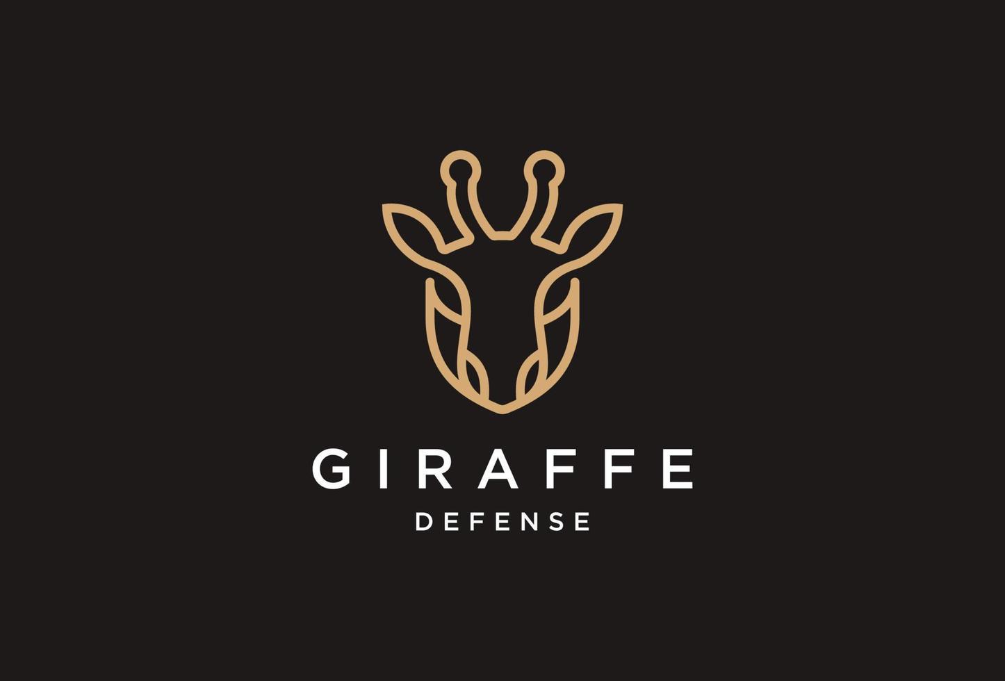 design de logotipo de girafa com cabeça de girafa e design de arte de linha de escudo cor dourada vetor