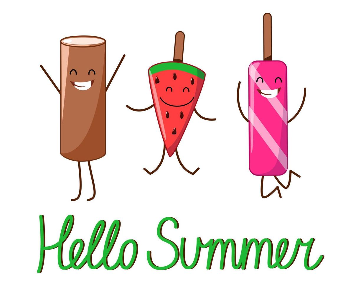 um cartão postal com os personagens de um sorvete alegre com a inscrição olá verão. vetor