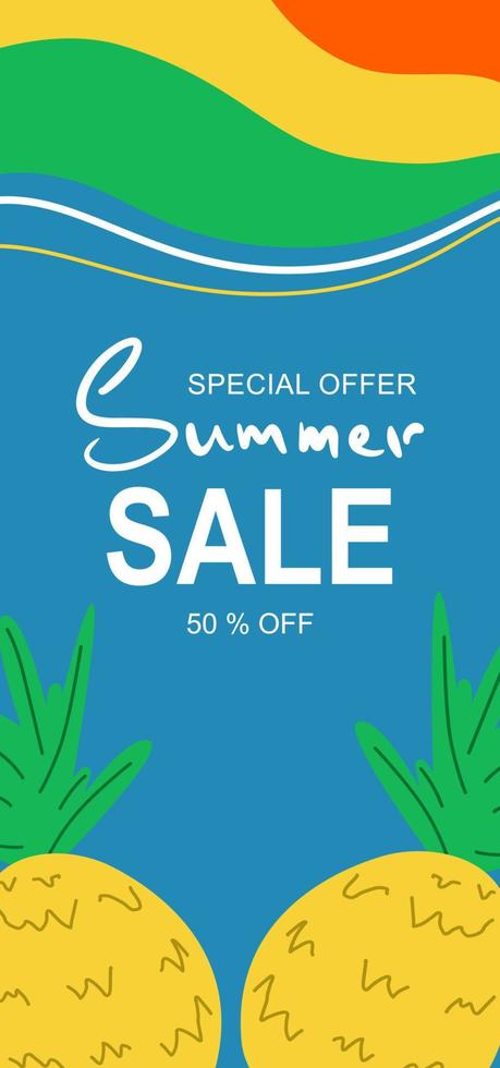 ilustração vetorial vertical de um banner de venda de verão para sua loja, site e redes sociais. layout com abacaxis em tons de azuis. vetor