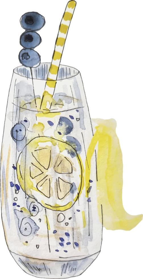 aquarela vector clipart ilustração desenhada à mão bebida de limonada com mirtilo e limão para menu ou decoração ou como adesivo