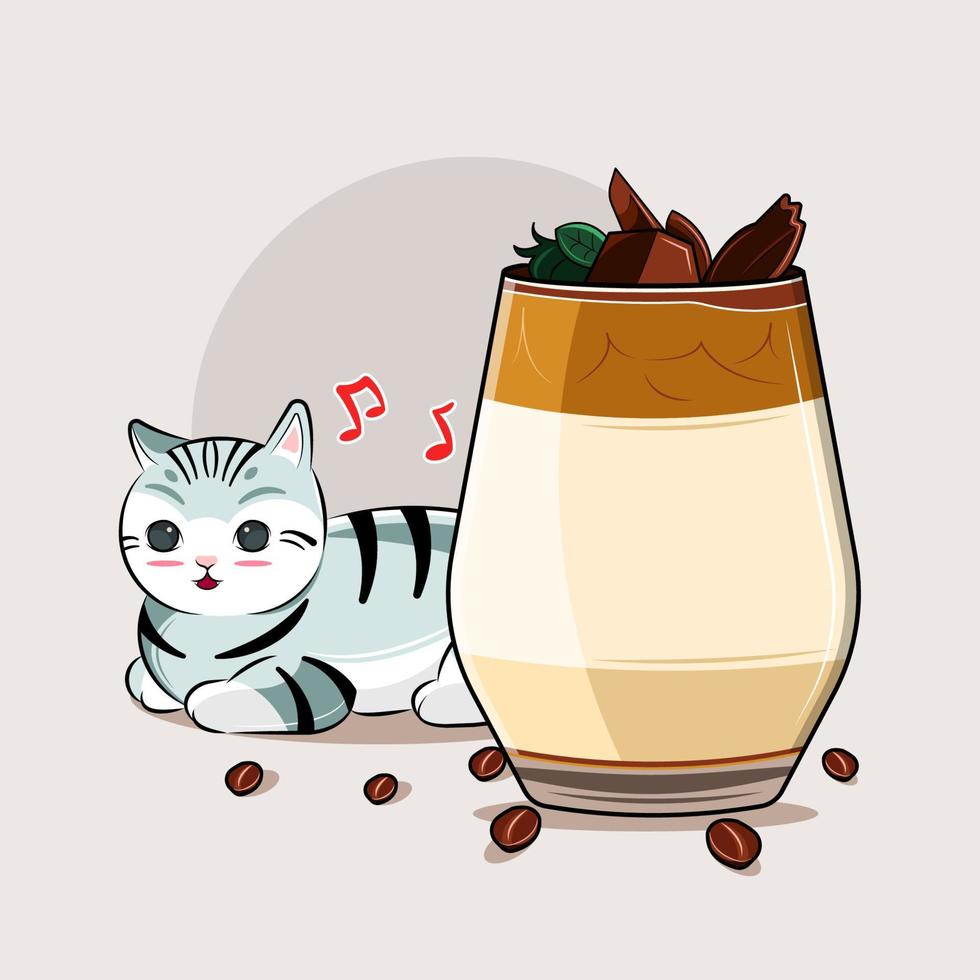 gato fofo com ilustração vetorial de café expresso com leite pro download vetor
