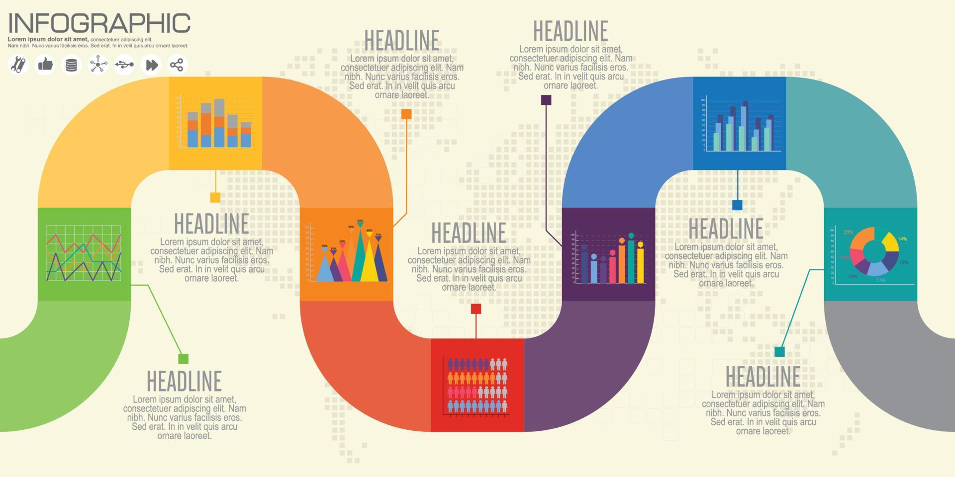 modelo de infográficos de gráfico de processo de linha do tempo horizontal de negócios modernos. banner vetorial usado para diagrama de layout de apresentação e fluxo de trabalho, web design. elementos abstratos de opções de etapas do gráfico 7. vetor