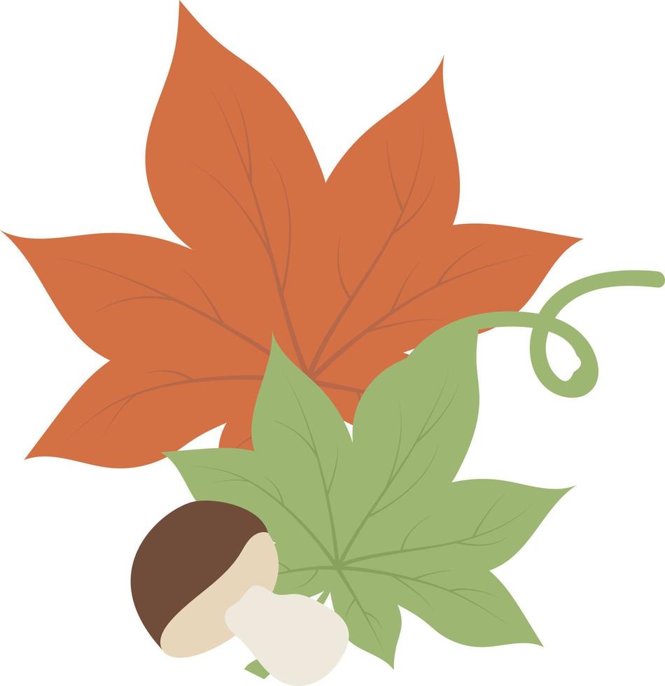 composição de outono com folhas e objeto de vetor de cor semi plana de cogumelo. item de tamanho completo em branco. natureza e colheita ilustração de estilo de desenho animado simples para web design gráfico e animação