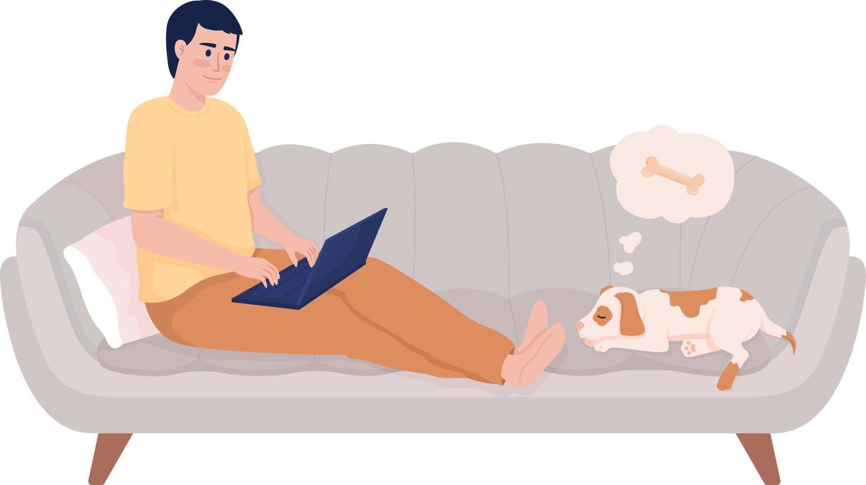 homem sentado no sofá com personagem de vetor de cor semi plana de laptop. figura editável. pessoa de corpo inteiro em branco. trabalho online simples ilustração de estilo de desenho animado para web design gráfico e animação